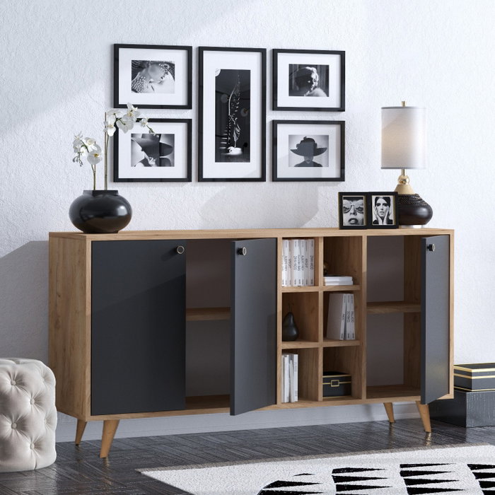 Hanah Home Consola Roble y Negro 140cm, Mueble Moderno con Estantes, Madera Roble y Negro, 140x40x89cm